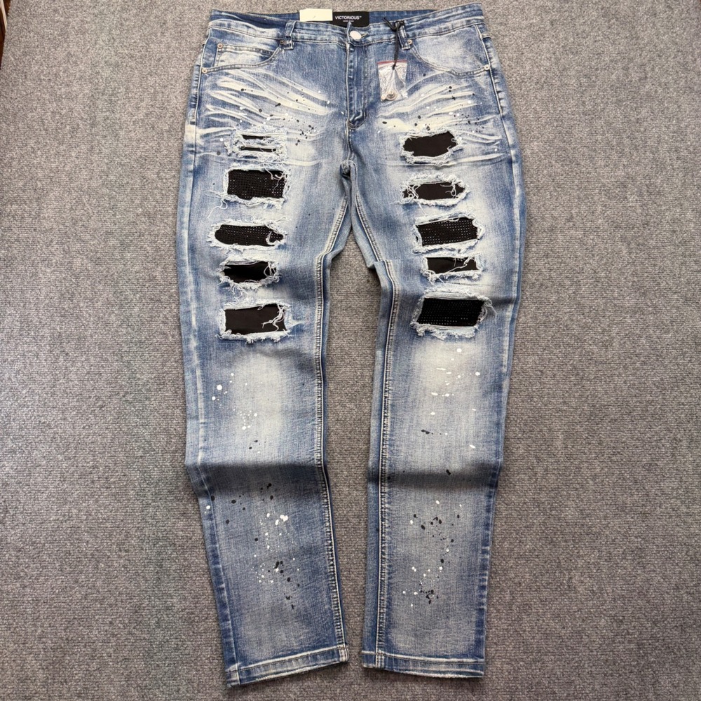 Victorious DL1426 Mens Distressed Ripped Paint Splatter Slim Jeans Indigo 38x33